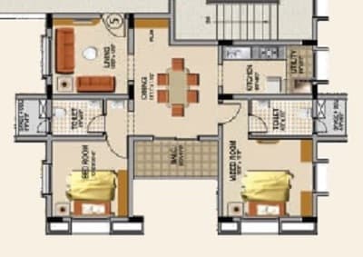 Floor plan of 2 BHK 1076 Sq. Ft. Apartment in Ridge Towers, Hyderabad