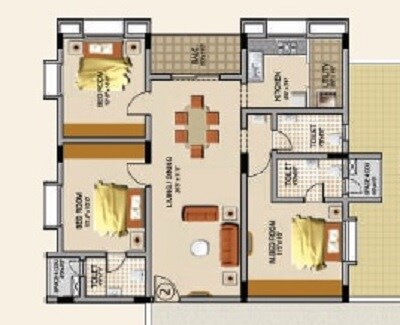 Floor plan of 3 BHK 1224 Sq. Ft. Apartment in Ridge Towers, Hyderabad