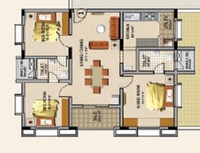 Floor plan of 3 BHK 1462 Sq. Ft. Apartment in Ridge Towers, Hyderabad