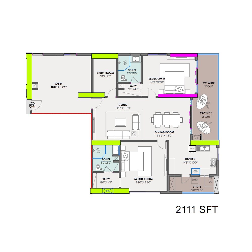 Floor plan of 2 BHK 2111 Sq. Ft. Apartment in Rise With 9, Hyderabad