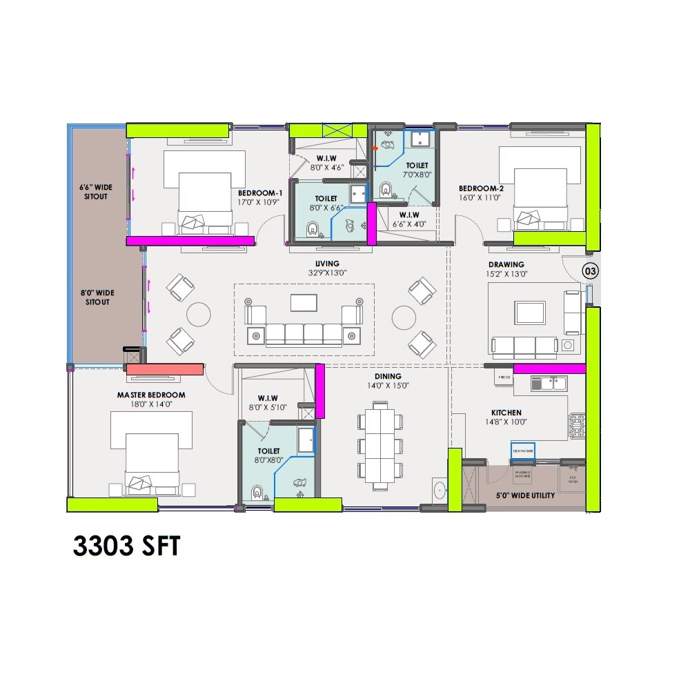 Floor plan of 3 BHK 3303 Sq. Ft. Apartment in Rise With 9, Hyderabad