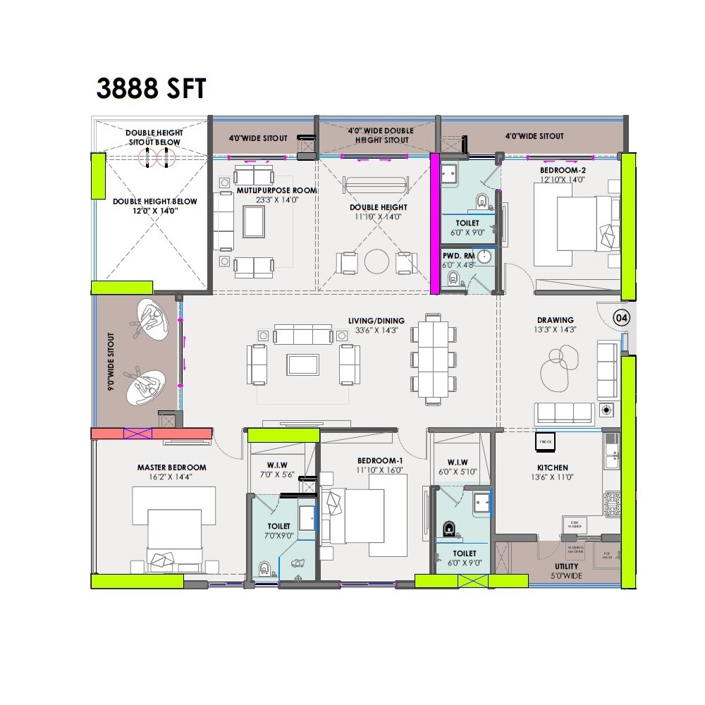 Floor plan of 3 BHK 3888 Sq. Ft. Apartment in Rise With 9, Hyderabad