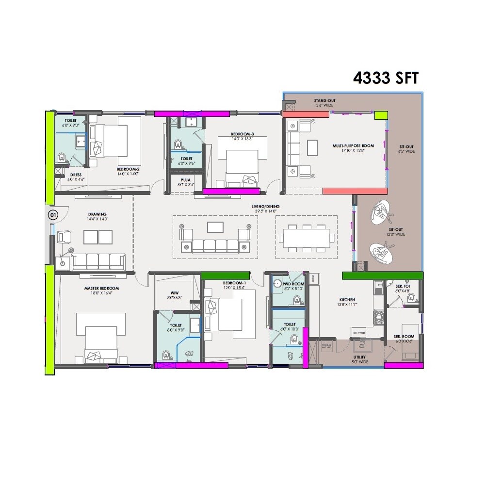 Floor plan of 4 BHK 4333 Sq. Ft. Apartment in Rise With 9, Hyderabad
