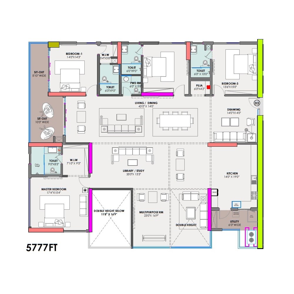 Floor plan of 4 BHK 5777 Sq. Ft. Apartment in Rise With 9, Hyderabad