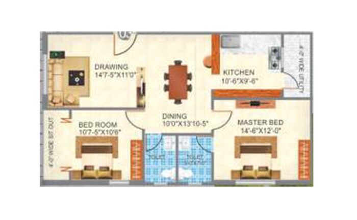 Floor plan of 2 BHK 1175 Sq. Ft. Apartment in Rishi Sai S Suraksha, Hyderabad