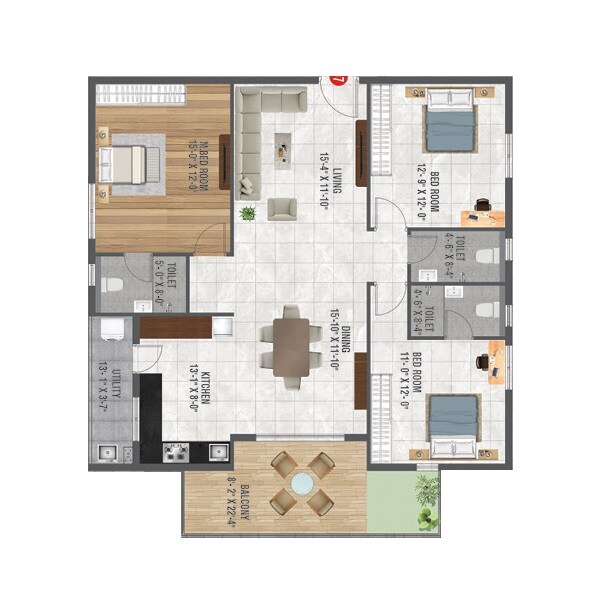 Floor plan of 3 BHK 1900 Sq. Ft. Apartment in Risinia Scintilla, Hyderabad