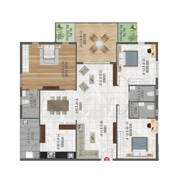 Floor plan of 3 BHK 2000 Sq. Ft. Apartment in Risinia Scintilla, Hyderabad