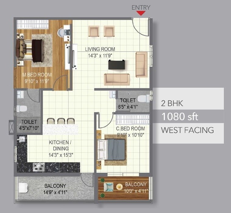 Floor plan of 2 BHK 1080 Sq. Ft. Apartment in Risinia Skyon, Hyderabad
