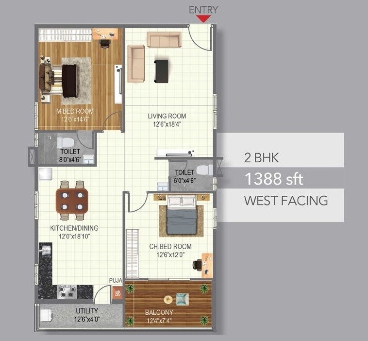 Floor plan of 2 BHK 1388 Sq. Ft. Apartment in Risinia Skyon, Hyderabad