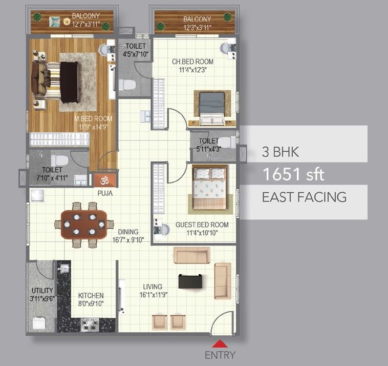 Floor plan of 3 BHK 1651 Sq. Ft. Apartment in Risinia Skyon, Hyderabad