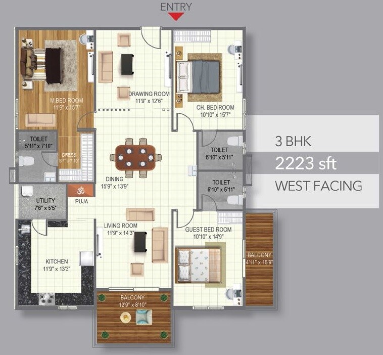 Floor plan of 3 BHK 2223 Sq. Ft. Apartment in Risinia Skyon, Hyderabad