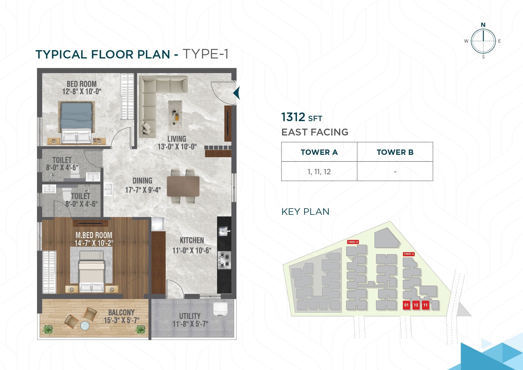 Floor plan of 2 BHK 1312 Sq. Ft. Apartment in Risinia The Edge, Hyderabad