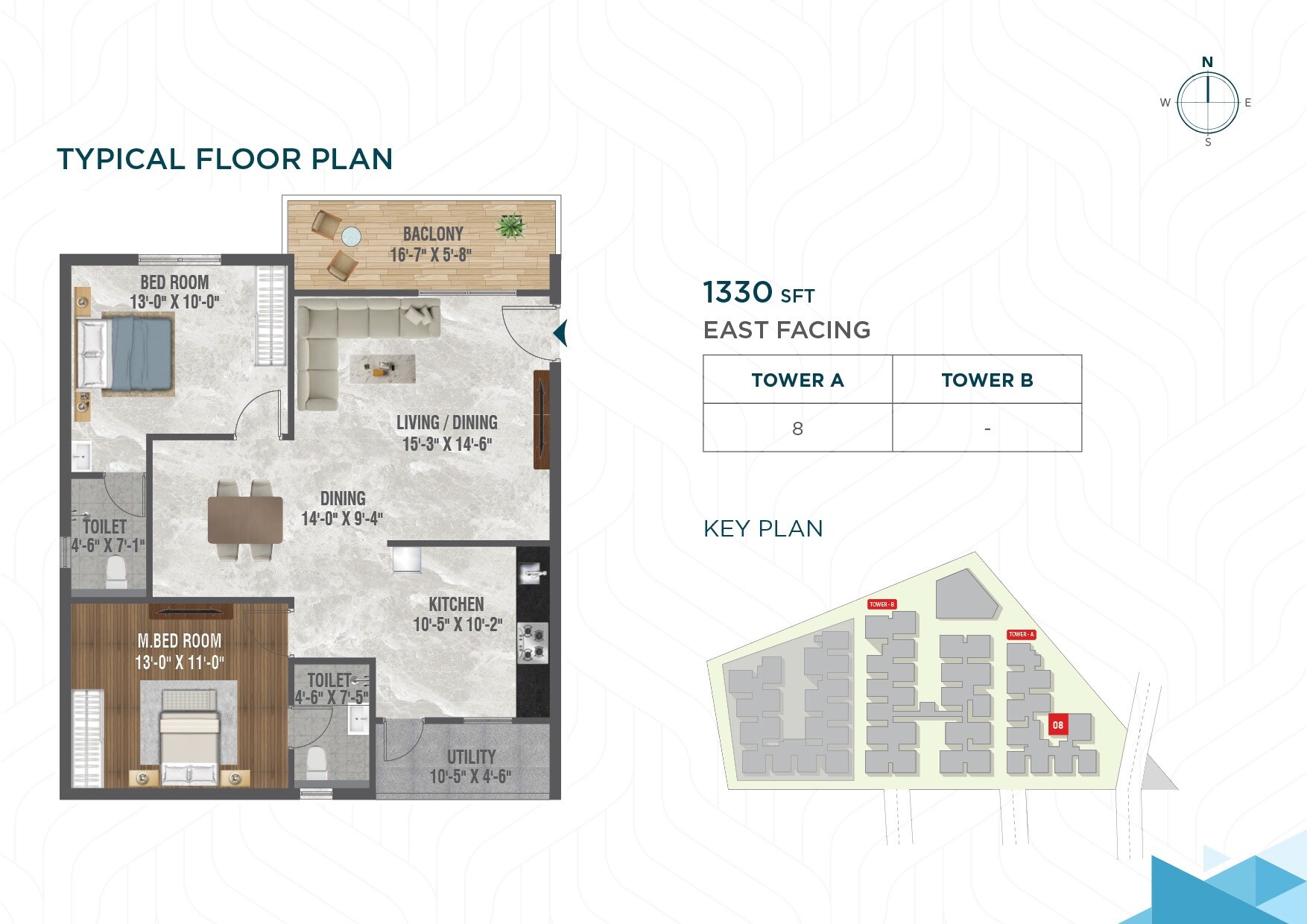 Floor plan of 2 BHK 1330 Sq. Ft. Apartment in Risinia The Edge, Hyderabad