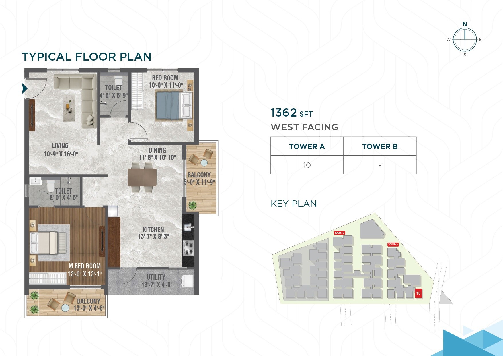 Floor plan of 2 BHK 1362 Sq. Ft. Apartment in Risinia The Edge, Hyderabad