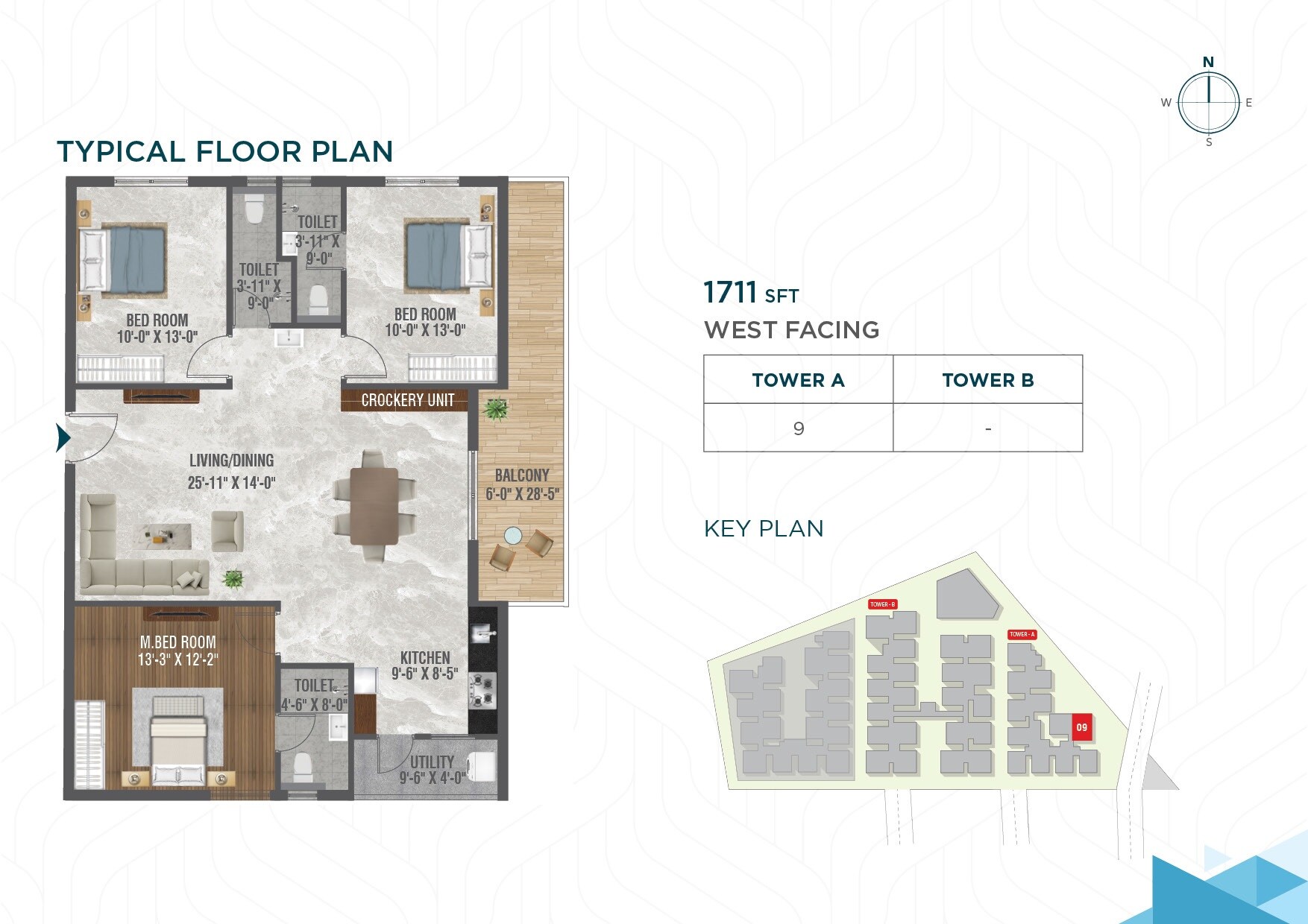 Floor plan of 3 BHK 1711 Sq. Ft. Apartment in Risinia The Edge, Hyderabad