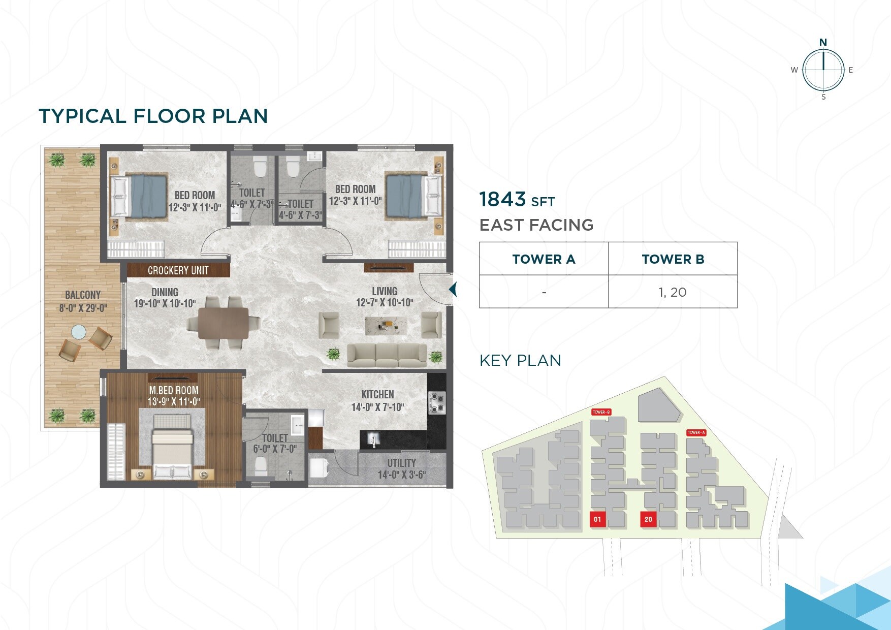 Floor plan of 3 BHK 1843 Sq. Ft. Apartment in Risinia The Edge, Hyderabad