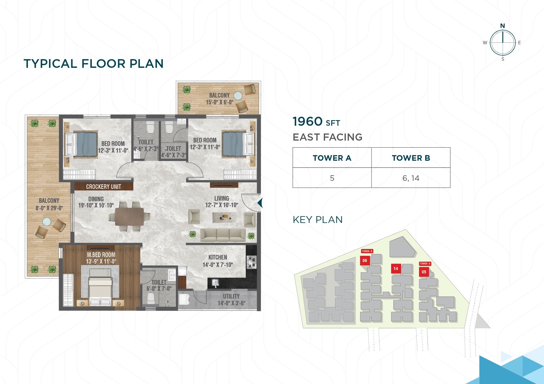 Floor plan of 3 BHK 1960 Sq. Ft. Apartment in Risinia The Edge, Hyderabad