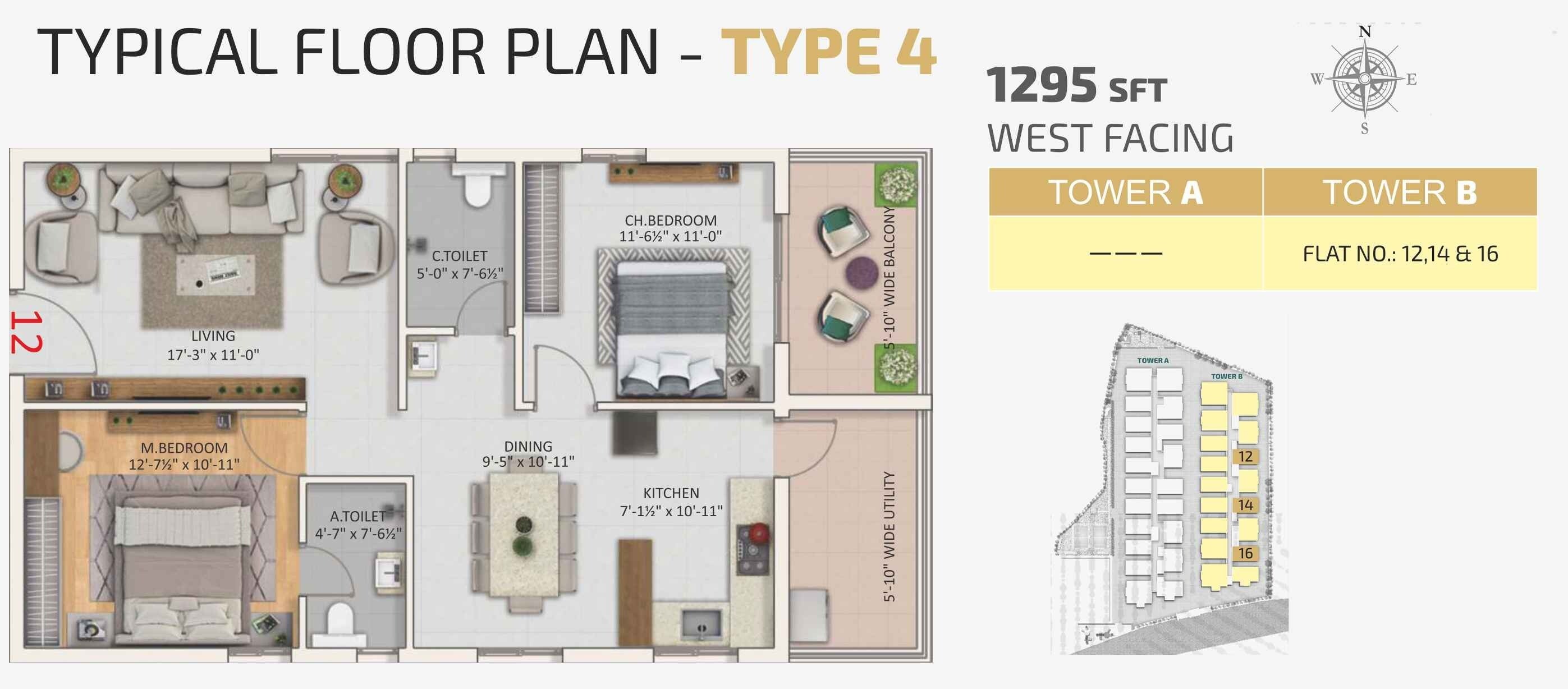 Floor plan of 2 BHK 1295 Sq. Ft. Apartment in Risinia The Twinz, Hyderabad
