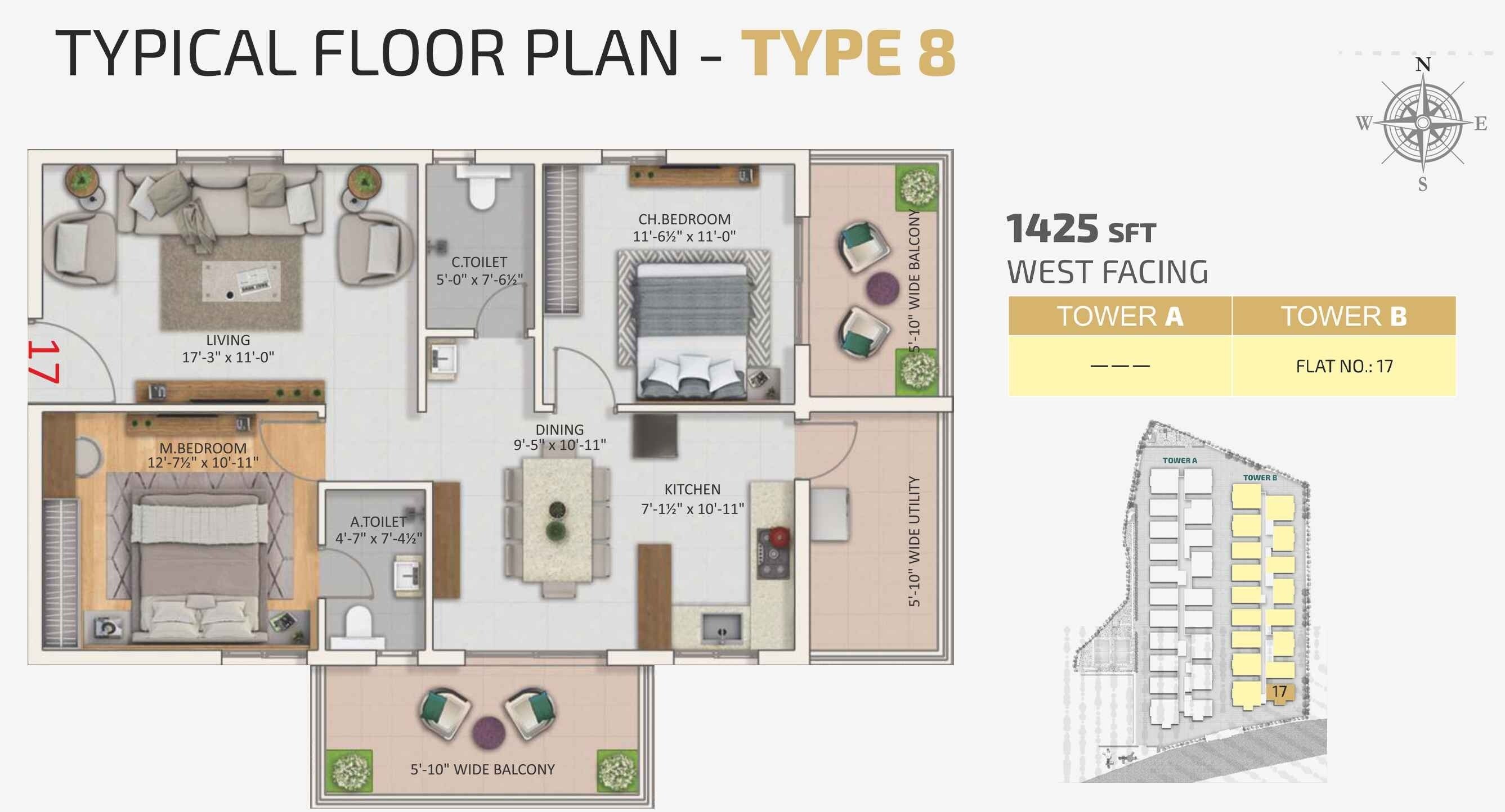 Floor plan of 2 BHK 1425 Sq. Ft. Apartment in Risinia The Twinz, Hyderabad