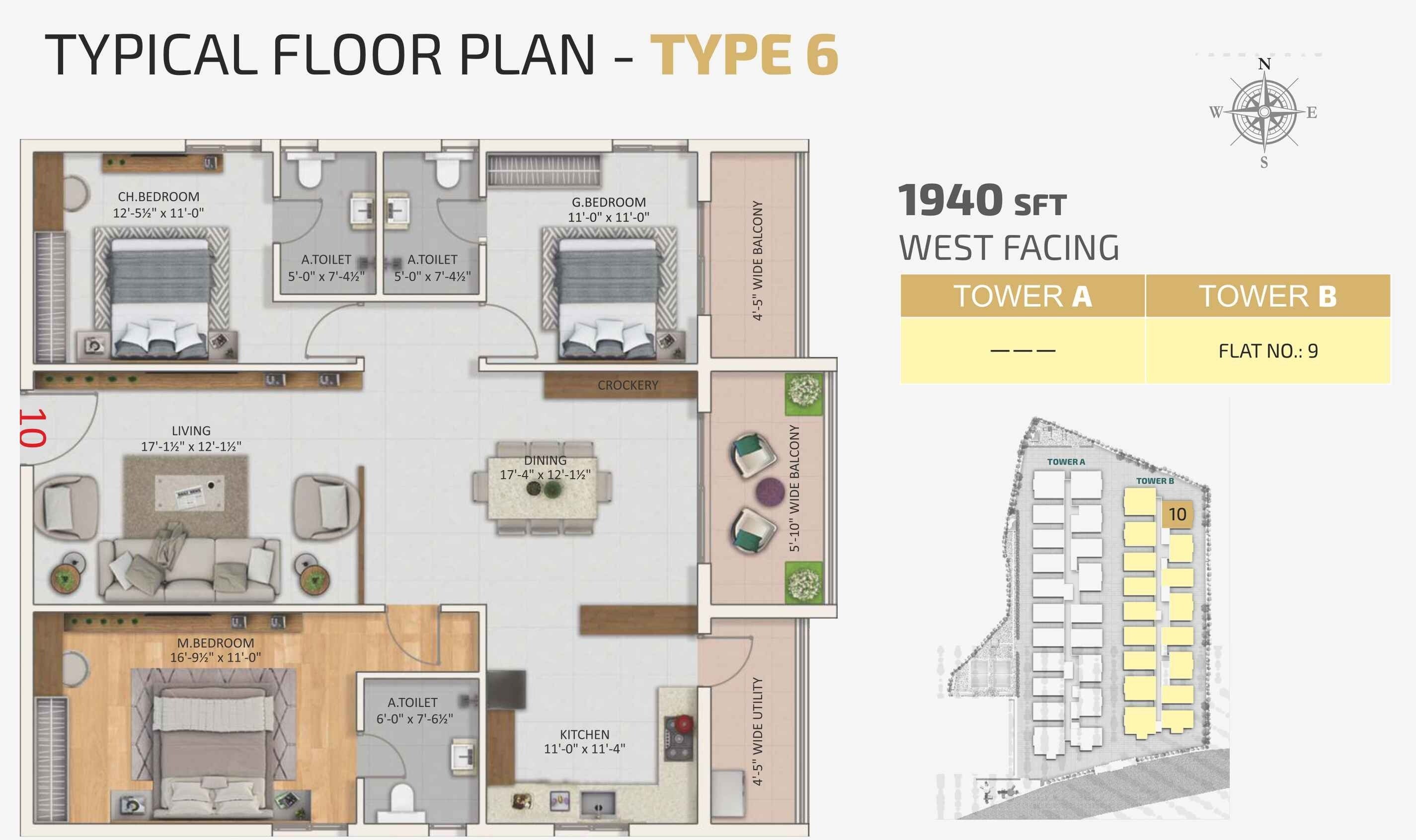 Floor plan of 3 BHK 1940 Sq. Ft. Apartment in Risinia The Twinz, Hyderabad