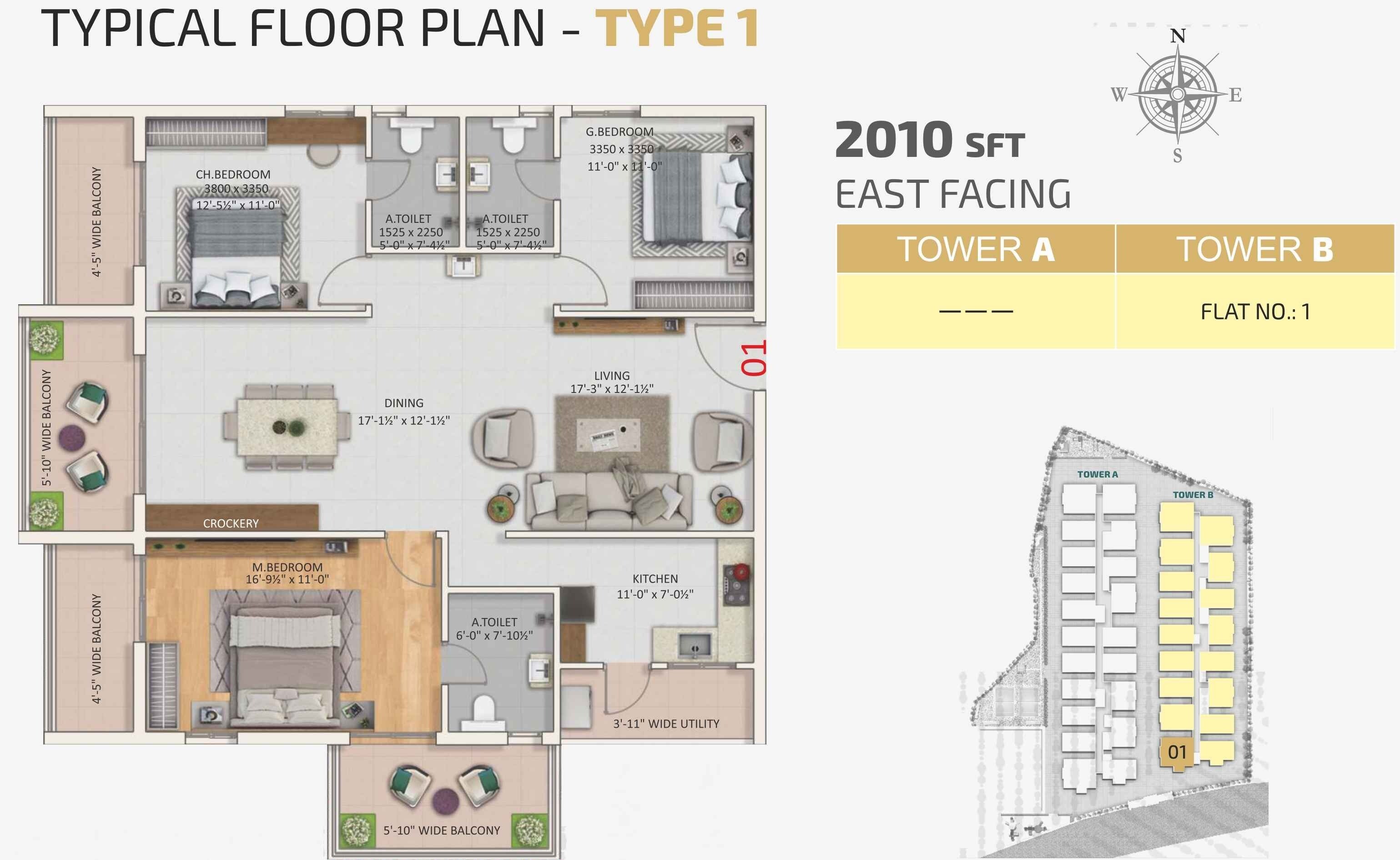 Floor plan of 3 BHK 2010 Sq. Ft. Apartment in Risinia The Twinz, Hyderabad
