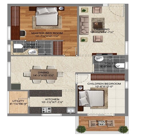Floor plan of 2 BHK 1195 Sq. Ft. Apartment in Risinia Trendilla, Hyderabad