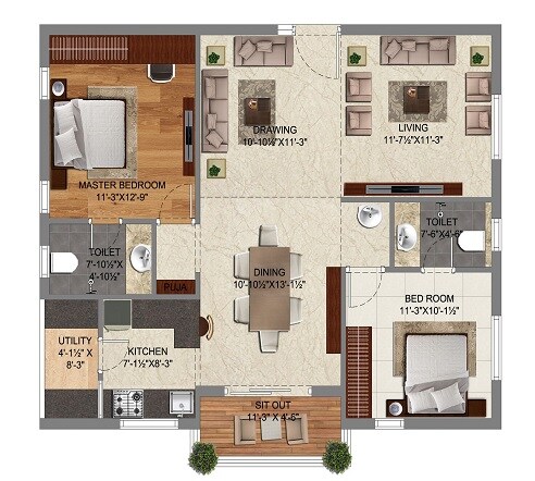 Floor plan of 2 BHK 1295 Sq. Ft. Apartment in Risinia Trendilla, Hyderabad