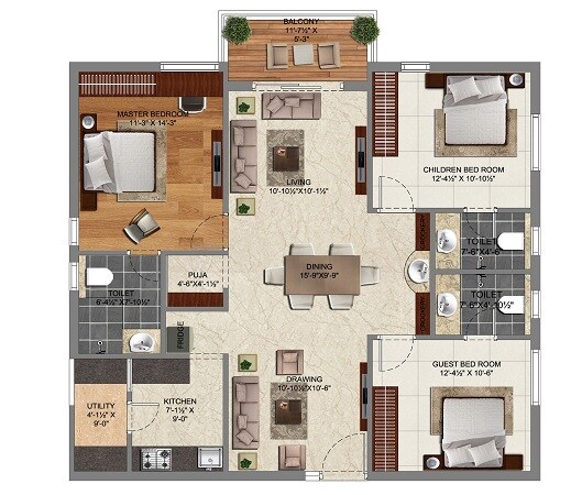 Floor plan of 3 BHK 1595 Sq. Ft. Apartment in Risinia Trendilla, Hyderabad