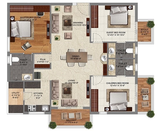 Floor plan of 3 BHK 1697 Sq. Ft. Apartment in Risinia Trendilla, Hyderabad