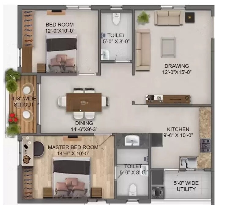 Floor plan of 2 BHK 1290 Sq. Ft. Apartment in RK Oxygen Valley, Hyderabad
