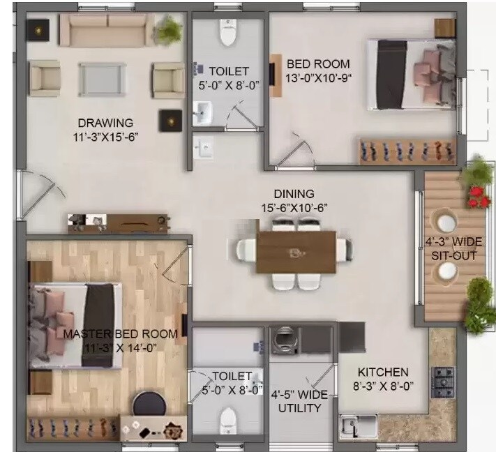 Floor plan of 2 BHK 1295 Sq. Ft. Apartment in RK Oxygen Valley, Hyderabad