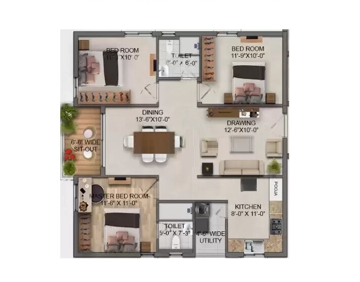 Floor plan of 3 BHK 1395 Sq. Ft. Apartment in RK Oxygen Valley, Hyderabad