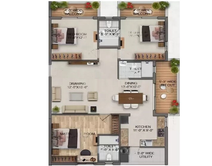 Floor plan of 3 BHK 1920 Sq. Ft. Apartment in RK Oxygen Valley, Hyderabad