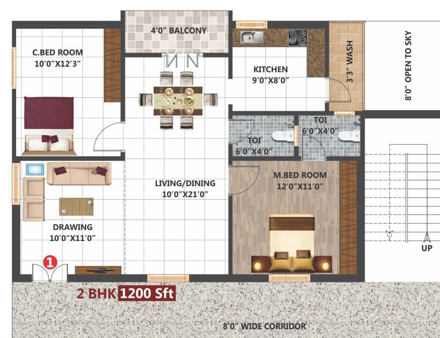 Floor plan of 2 BHK 1200 Sq. Ft. Apartment in RK TMR Pride, Hyderabad