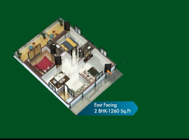 Floor plan of 2 BHK 1260 Sq. Ft. Apartment in RKs Oxygen Homes, Hyderabad