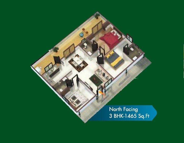 Floor plan of 3 BHK 1465 Sq. Ft. Apartment in RKs Oxygen Homes, Hyderabad