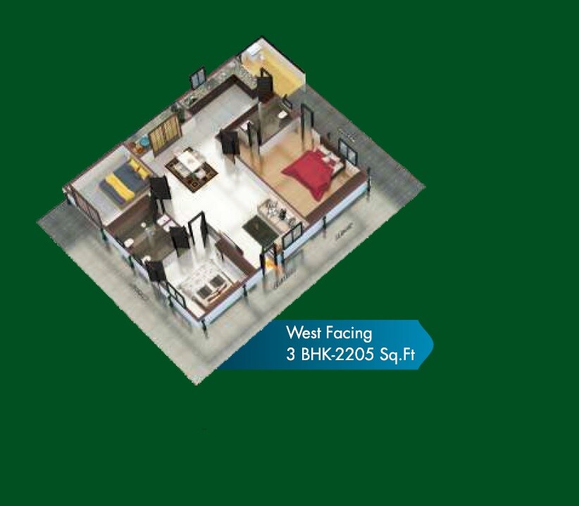 Floor plan of 3 BHK 2205 Sq. Ft. Apartment in RKs Oxygen Homes, Hyderabad