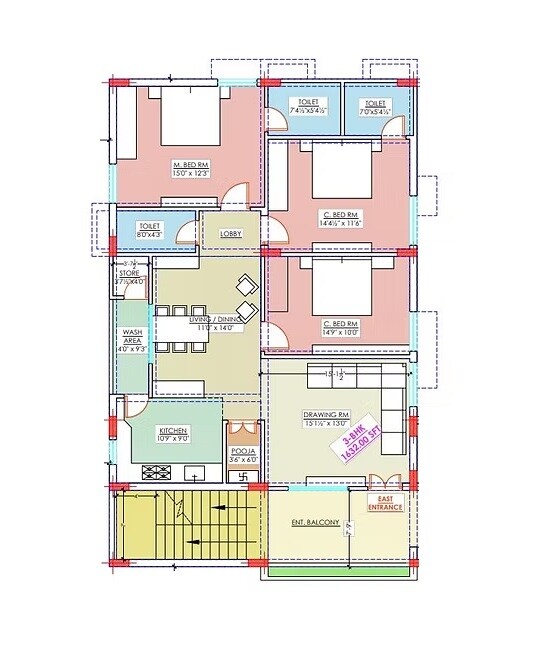 Floor plan of 3 BHK 1632 Sq. Ft. Apartment in RN Aira, Hyderabad