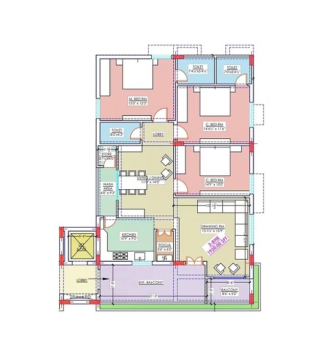 Floor plan of 3 BHK 1930 Sq. Ft. Apartment in RN Aira, Hyderabad