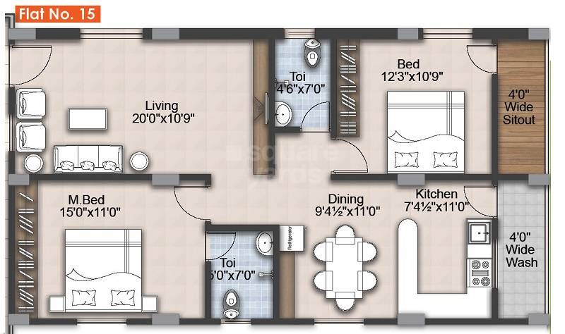 Floor plan of 2 BHK 1285 Sq. Ft. Apartment in RNG Westend, Hyderabad