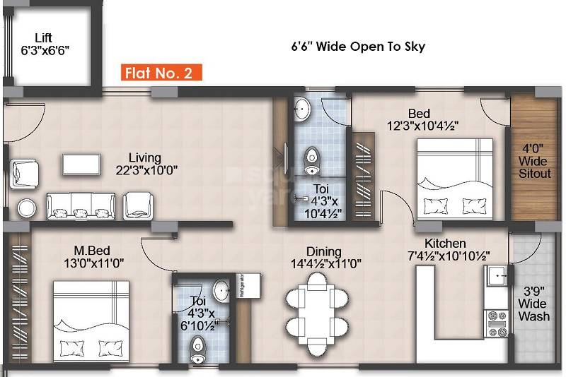 Floor plan of 2 BHK 1295 Sq. Ft. Apartment in RNG Westend, Hyderabad