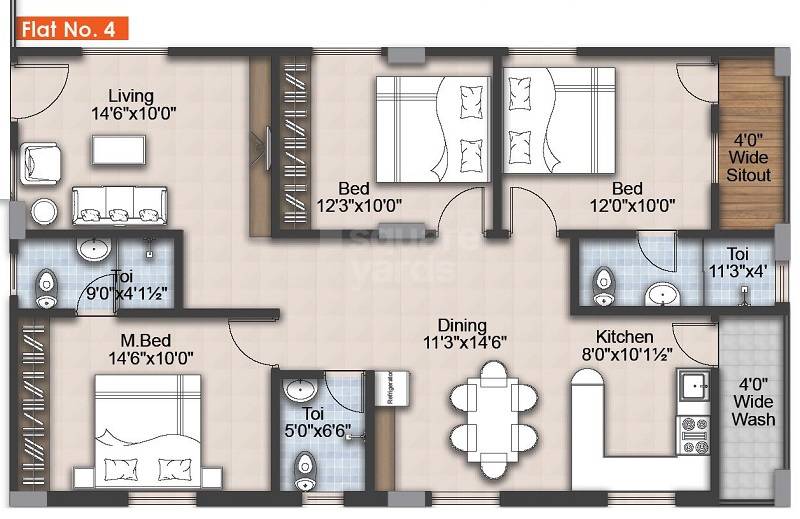 Floor plan of 3 BHK 1495 Sq. Ft. Apartment in RNG Westend, Hyderabad