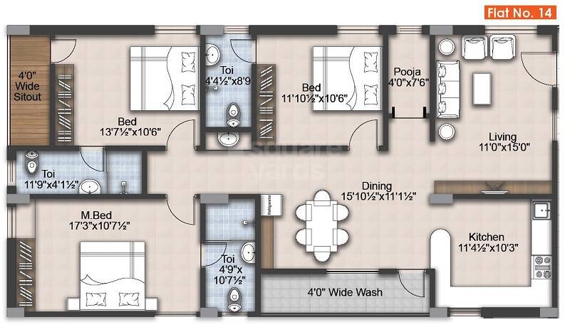 Floor plan of 3 BHK 1805 Sq. Ft. Apartment in RNG Westend, Hyderabad
