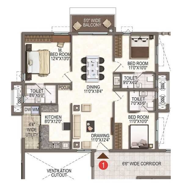 Floor plan of 3 BHK 1510 Sq. Ft. Apartment in RNP 1, Hyderabad