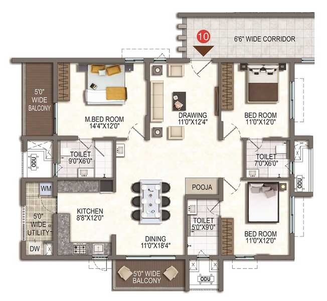 Floor plan of 3 BHK 2285 Sq. Ft. Apartment in RNP 1, Hyderabad