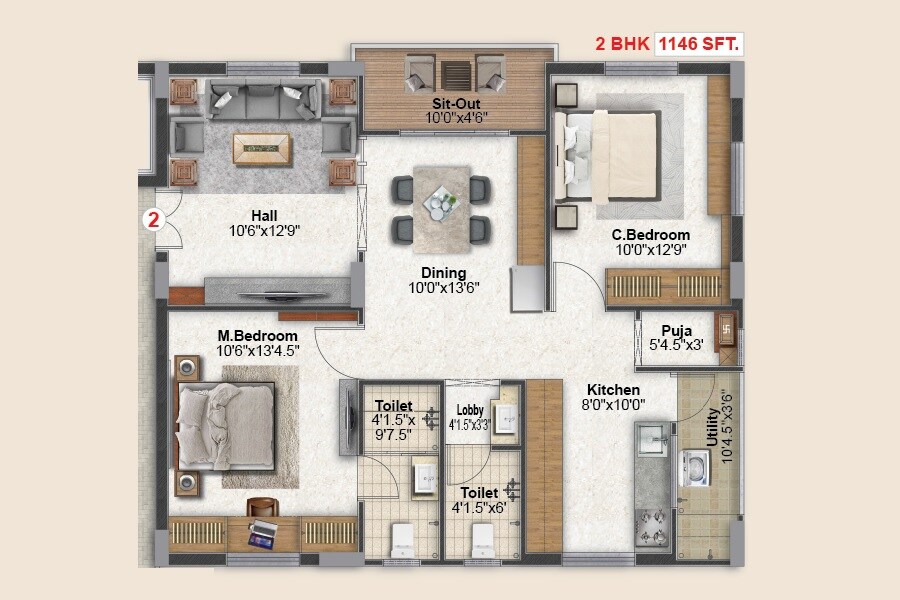 Floor plan of 2 BHK 1146 Sq. Ft. Apartment in RNR Ashraya Residency, Hyderabad