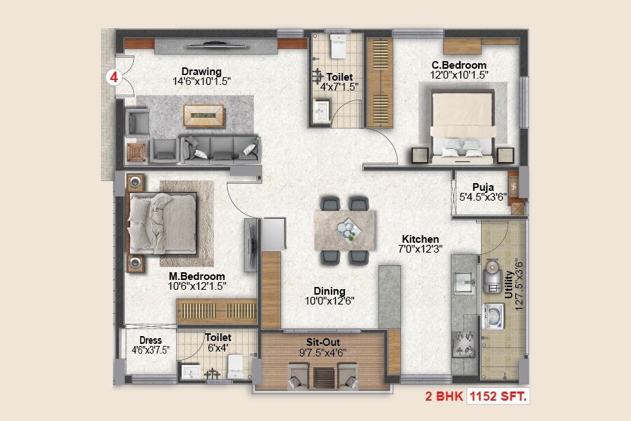 Floor plan of 2 BHK 1152 Sq. Ft. Apartment in RNR Ashraya Residency, Hyderabad