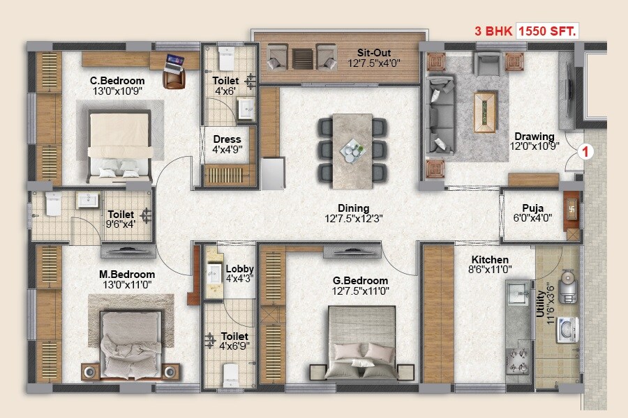 Floor plan of 3 BHK 1550 Sq. Ft. Apartment in RNR Ashraya Residency, Hyderabad