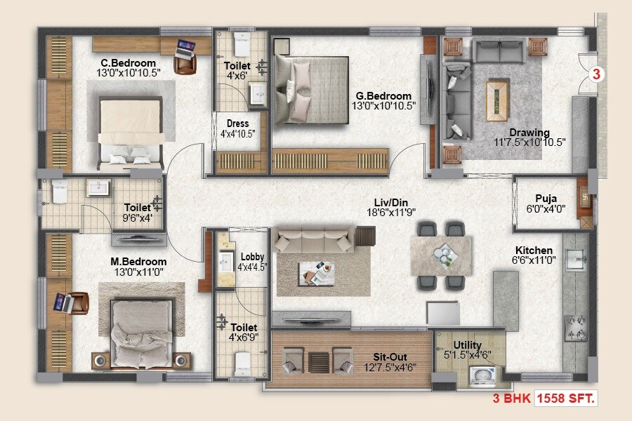 Floor plan of 3 BHK 1558 Sq. Ft. Apartment in RNR Ashraya Residency, Hyderabad