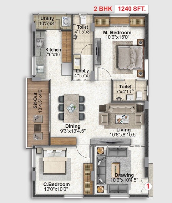 Floor plan of 2 BHK 1240 Sq. Ft. Apartment in RNR BN Reddy Residency, Hyderabad